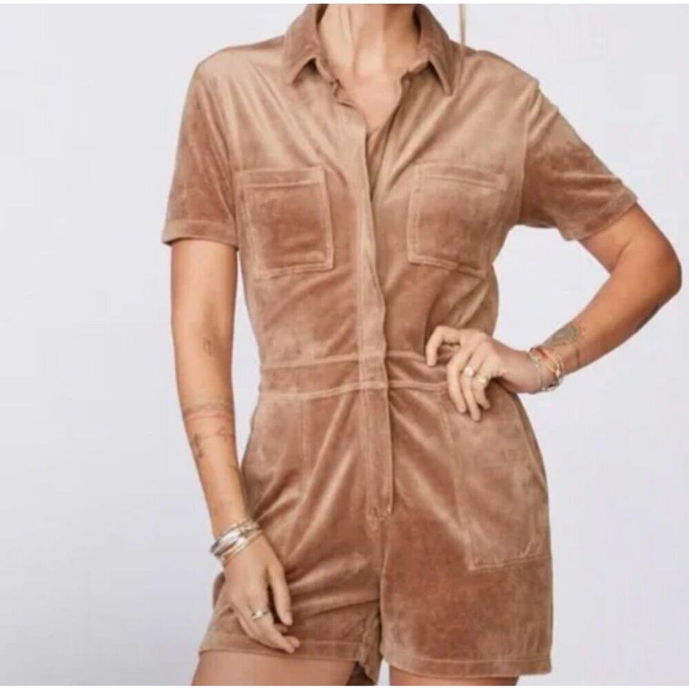 MONROW | Terrycloth Velour Romper Chocolate Brown Collar Short Zipper | Small